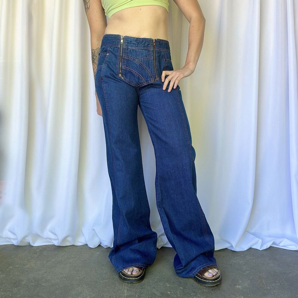 Rare Vintage Nest Ce Pas Bell Bottom Jeans Womens 70s Zip Front Flare Sz 13/14